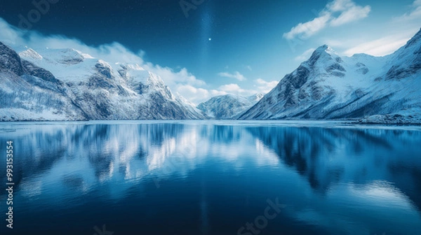 Fototapeta Mountains and reflections on water at night. Winter landscape. The sky with stars and clouds in motion. Nature as a background. 