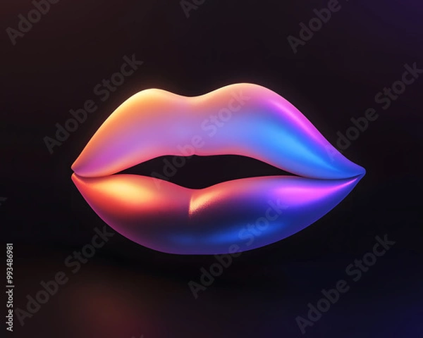 Fototapeta Neon Holographic lips isolated on black background