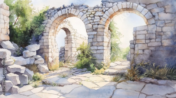 Fototapeta Intricate Watercolor of Ruins with Stone Arches