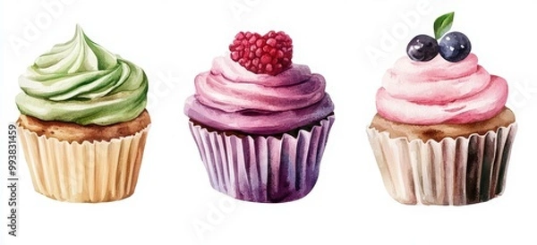 Fototapeta Cupcakes set. Cupcakes with pink and purple frosting, a watercolor illustration on a white background. Hand-drawn cupcakes in different shapes with flower decorations. 