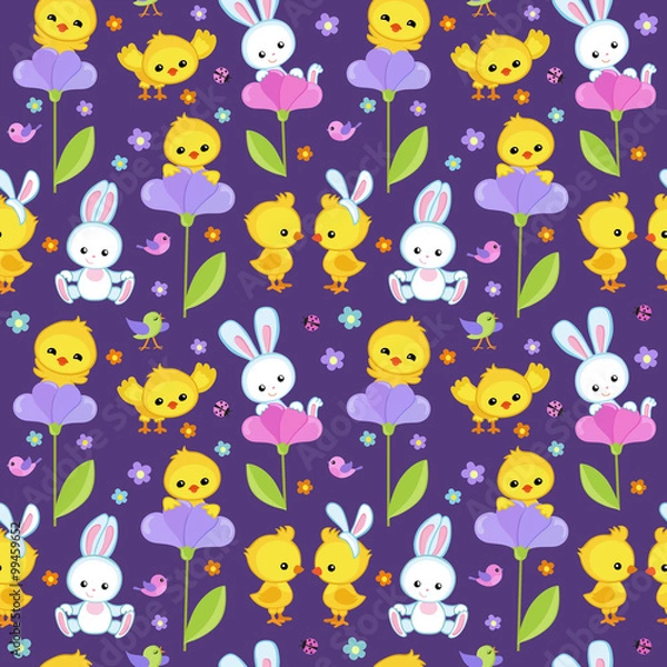 Obraz Seamless pattern spring with cute bunny and chicken.