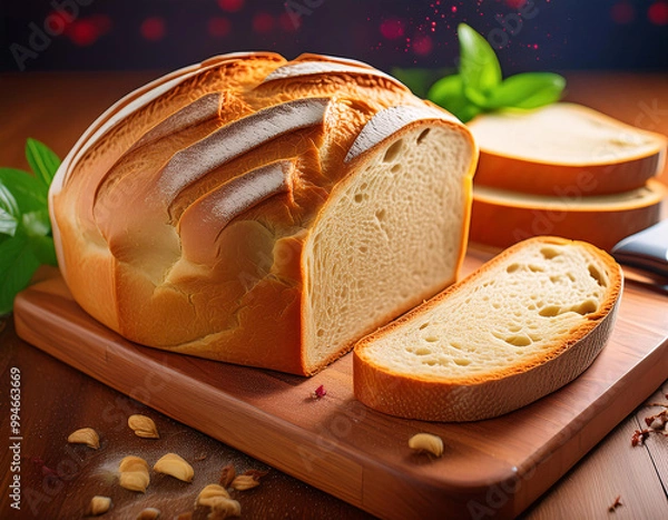 Fototapeta A freshly baked loaf of bread with a golden crust, sitting on a wooden board with a knife and wheat stalks nearby