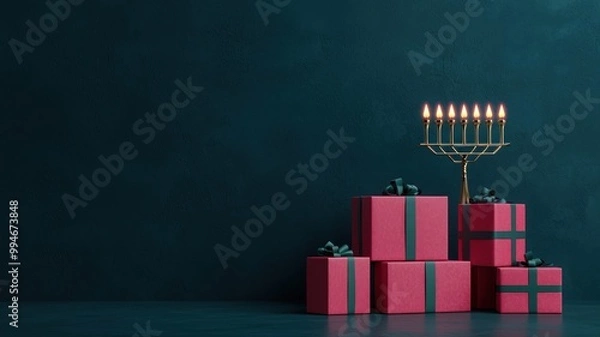 Fototapeta Pile of Hanukkah presents, glowing menorah in background, holiday vibe, 3D illustration