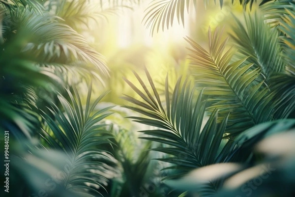 Fototapeta Blur background of dense tropical jungle with palm trees. Realistic 3D render of an exotic forest. Wilderness exploration and tropical flora concept. generative ai