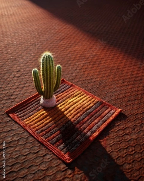 Fototapeta Small cactus casting a shadow on a terracotta surface.