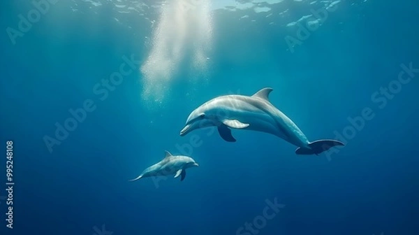 Fototapeta Playful Mother Dolphin Bonding with Her Calf in the Deep Blue Ocean Undersea Scene of Graceful Aquatic Mammals Swimming in Peaceful Serene Marine Environment