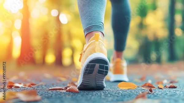 Fototapeta Close-up of legs walking on an autumn path with fallen leaves, perfect for fitness, outdoor, and nature concepts.