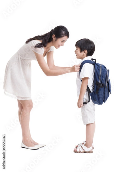 Fototapeta Young mother preparing son for school