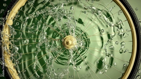 Fototapeta Wheel Splash Symmetry, golden bicycle wheel, water droplets, green reflective surface, dynamic motion, vibrant texture.