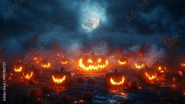 Fototapeta Jack-o'-lanterns Glowing in a Foggy Forest Under a Full Moon