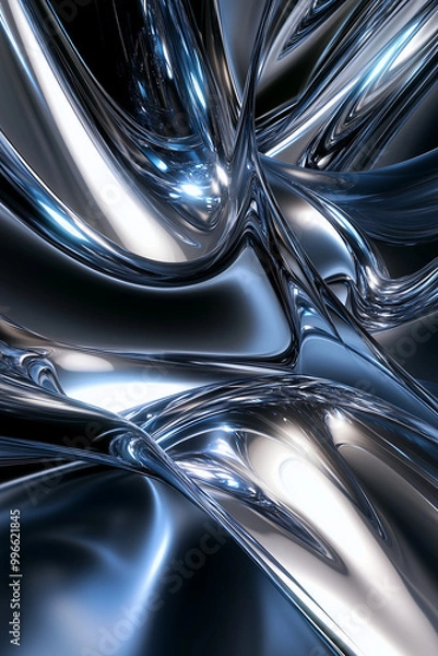 Fototapeta Liquid Metal Dreamscape: Abstract swirls of chrome and blue liquid metal create a mesmerizing, futuristic dreamscape. Perfect for tech, design, and futuristic concepts.	
