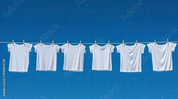 Fototapeta White T-shirts hang on clothesline. Perfect for showcasing clean laundry or simplicity.