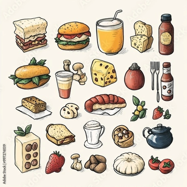 Fototapeta Hand drawn doodle food icons set.