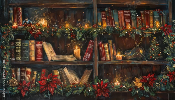 Fototapeta A painting of a Christmas tree with a shelf full of books