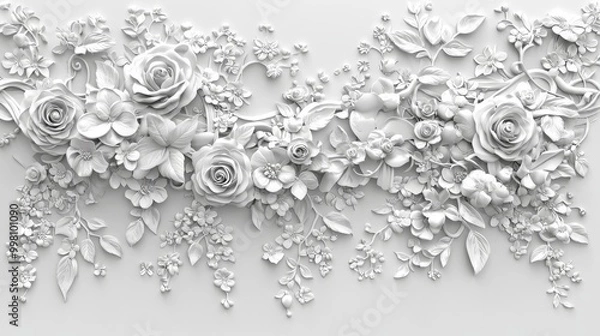 Fototapeta Detailed roses and blossoms come together in a delicate design in this white floral relief wall art