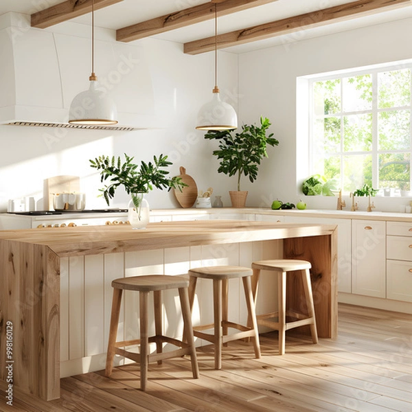 Fototapeta White and wooden kitchen interior with island. 3d render.