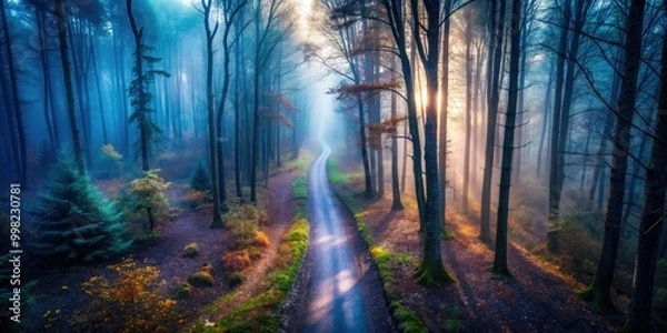 Fototapeta A shadowy path winds through a haunting forest, cloaked in eerie fog, where whispers echo and unseen eyes lurk, evoking an unsettling, spooky atmosphere.