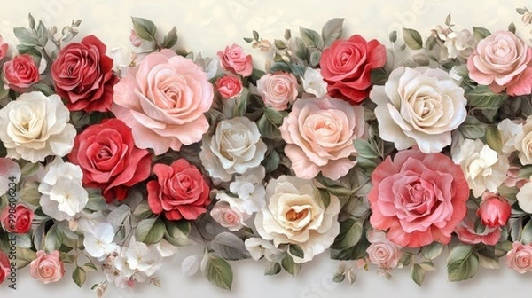 Fototapeta Classic floral border featuring pink, red, and white roses. The rich and detailed flower patterns create a lovely and timeless background