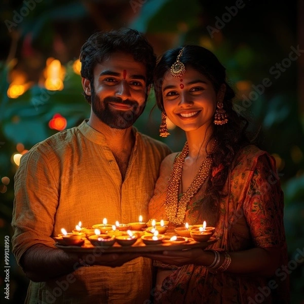 Fototapeta Smiling Indian Couple Celebrating Diwali with Lit Candles