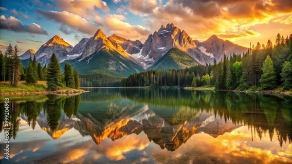 Fototapeta Tranquil Mountain Lake Mirrors the Majestic Peaks in Warm Golden Light with Intricate Textures