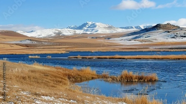 Fototapeta Majestic Snow Mountain and Plateau Lake: A Breathtaking Natural Wonder. Admire the Grandeur and Serenity.