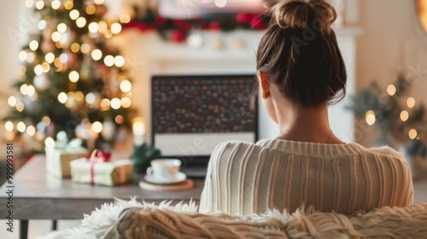 Fototapeta A woman is sitting in a chair in front of a Christmas tree