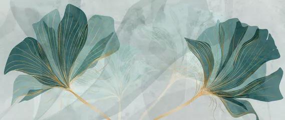 Obraz liście zielono-niebieskie o złotych konturach