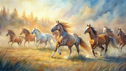 Obraz na płótnie galopujące konie na tle malowniczego krajobrazu – energia i wolność natury