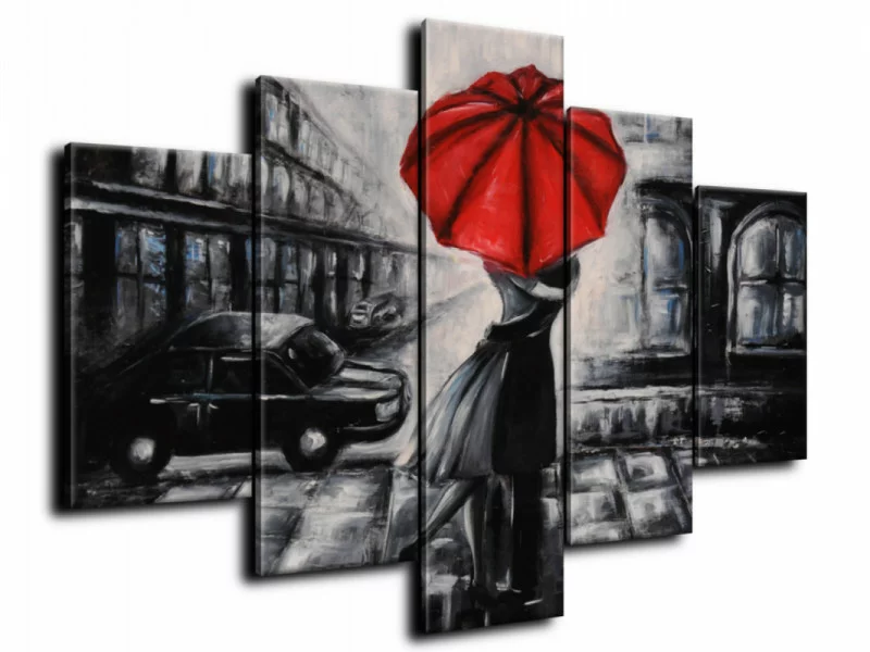 Obraz ręcznie malowany - zakochani pod czerwonym parasolem - obrazek 1