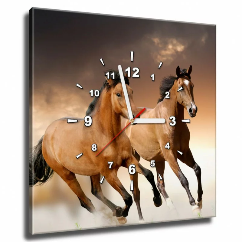 Obraz kwadratowy z zegarem - konie - obrazek 1