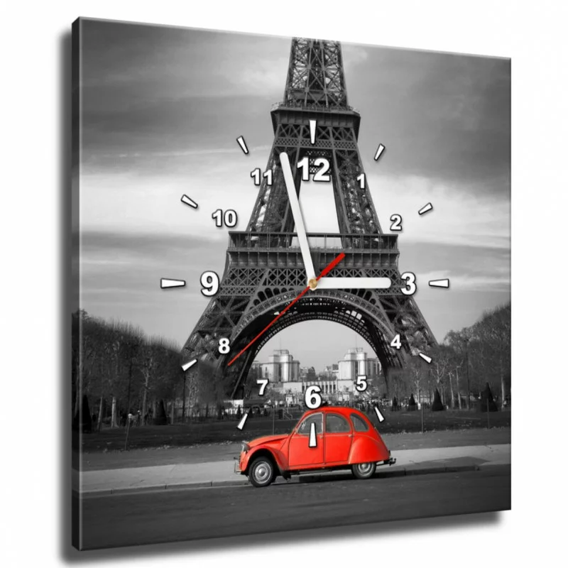 Obraz kwadratowy z zegarem - czerwone auto - obrazek 1