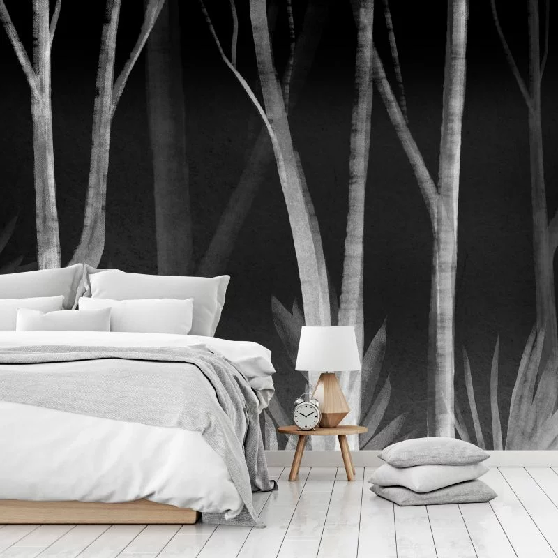 Fototapeta wodoodporna - Szum lasu nocą - minimalistyczny pejzaż białych drzew na czarnym tle - obrazek 1