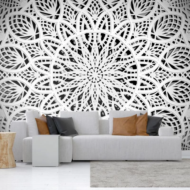 Fototapeta wodoodporna - Orient - biała geometryczna kompozycja w typie mandali na czarnym tle - obrazek 1