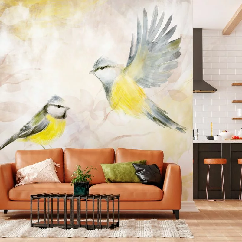 Fototapeta wodoodporna - Malowane sikorki - motyw ptaków z deseniami w żółto-beżowych tonach - obrazek 1