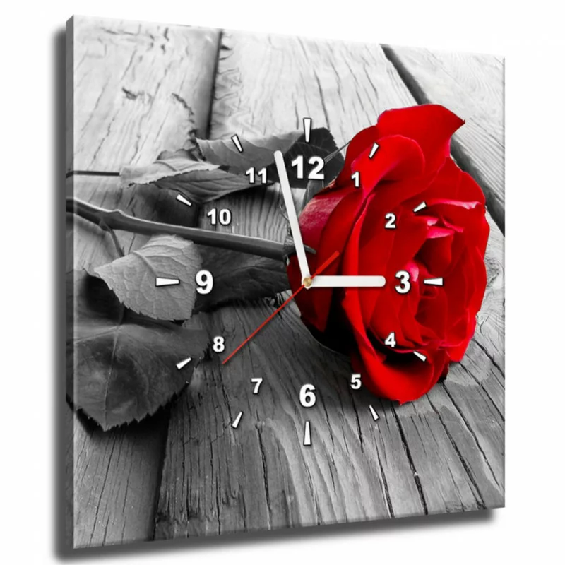 Obraz kwadratowy z zegarem - czerwona róża - obrazek 1