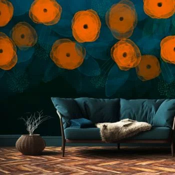 Fototapeta wodoodporna - Akwarelowa kompozycja - pomarańczowe desenie na delikatnym tle z liści
