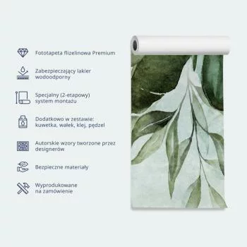 Fototapeta wodoodporna - Miętowe odcienie - zielone bukiety z liści na tle w retro desenie - obrazek 4