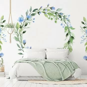 Fototapeta wodoodporna - Romantyczny wieniec - motyw roślinny z niebieskimi kwiatami i liśćmi
