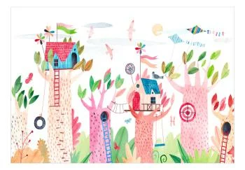 Fototapeta wodoodporna - Malowane domki na drzewie - kolorowa fantazja z latawcami dla dzieci - obrazek 2