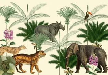 Fototapeta - Dżungla kraina ze zwierzątkami w stylu dawnych rycin