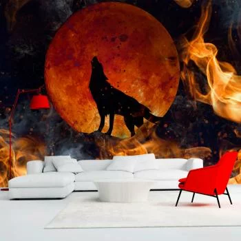 Fototapeta wodoodporna - Dzika natura - wilk na tle czerwonego księżyca w płomieniach ognia