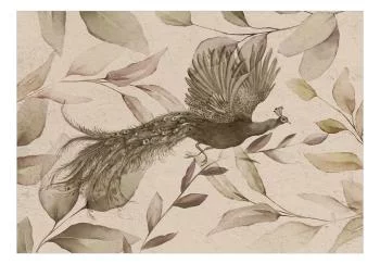 Fototapeta wodoodporna - Ptak wśród liści - motyw roślinny z lecącym pawiem w chłodnych tonach - obrazek 2