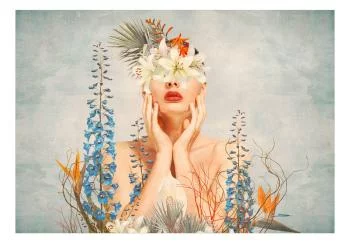Fototapeta wodoodporna - Natura w myślach - postać kobiety wśród kwiatów na tle z deseniem - obrazek 2