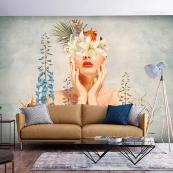 Fototapeta wodoodporna - Natura w myślach - postać kobiety wśród kwiatów na tle z deseniem